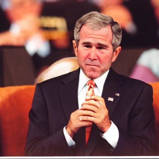 Prompt: George W. Bush sorrowfully beholds a single pretzel. CineStill.