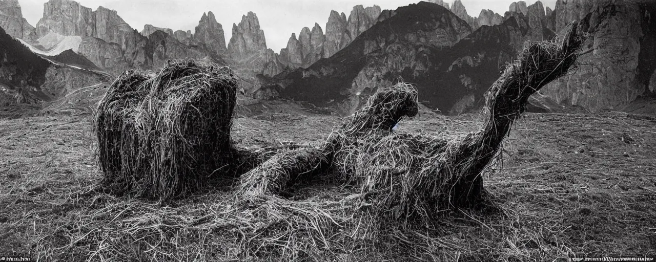 Image similar to 1940s photography of eerie landscape in the dolomites, farmer transformed into root and hay monster