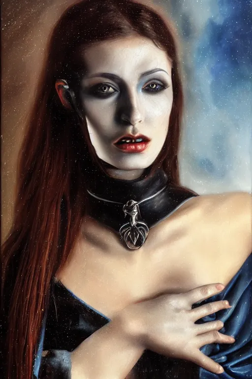 Image similar to hyperrealism oil painting, close - up portrait of european medieval brunette vampire fashion model, knight, steel gradient mixed with nebula sky, in style of baroque