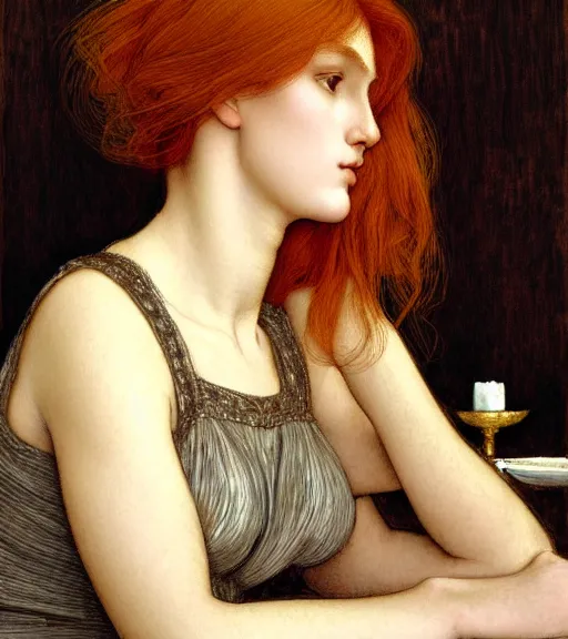 Image similar to portrait of a beautiful auburn - haired woman sitting upon a table with heightened detail, poised, intense emotion, detailed facial expression, detailed surroundings, intricate, elegant, highly detailed, centered, digital painting, artstation, concept art, smooth, sharp focus, illustration, by ( sir edward coley burne - jones ), wlop