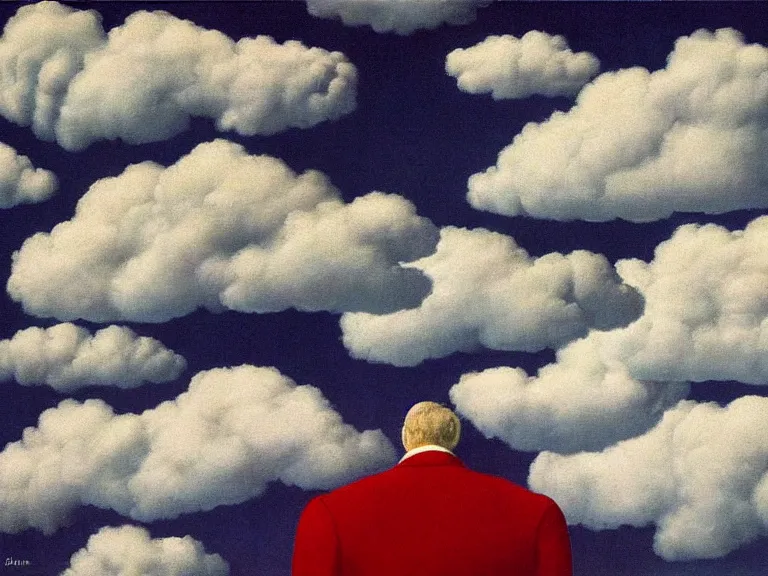 Image similar to man made out of clouds, painting by rene magritte, high detail, high resolution