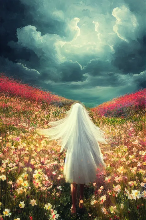 Image similar to giant white flower head, veil girl walking in a flower field, surreal photography, sunrise, dramatic light, impressionist painting, colorful clouds, digital painting, artstation, simon stalenhag