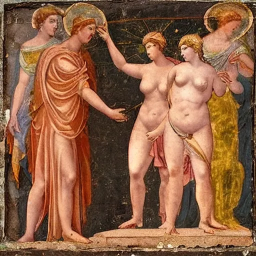 Image similar to ancient roman fresco showing juno scolding venus and mars for posting divine secrets on twitter