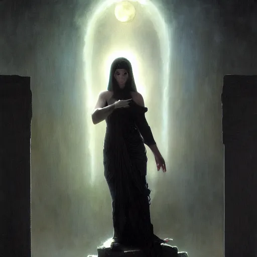 Image similar to awe-inspiring award-winning concept art painting of attractive figure in black shrouds as the goddess of the moonbow, rainbow, by Michael Whelan, William Adolphe Bouguereau, John Williams Waterhouse, and Donato Giancola, cyberpunk, extremely moody lighting, glowing light and shadow, atmospheric, shadowy, cinematic, 8K,