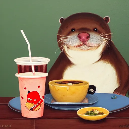 Prompt: Norman Rockwell painting of a fat otter drinking boba tea in a cafe by the beach, artstation, furaffinity, high res, 4k