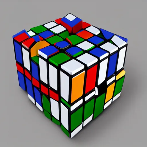 Prompt: exploded rubik's cube in thousands of small puzzle pieces composing a cube, a computer rendering by Ernő Rubik, polycount, modular constructivism, isometric, greeble, voxel art