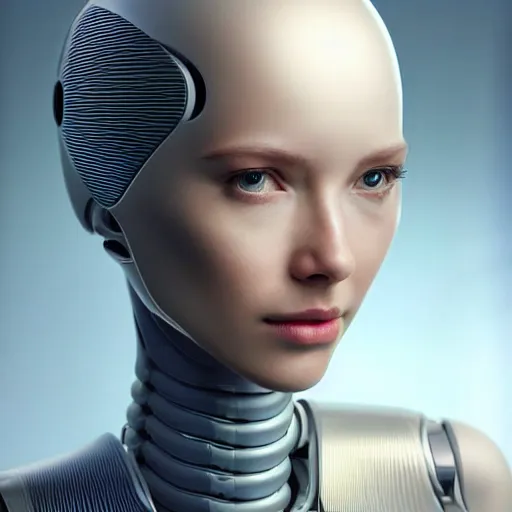 Image similar to Perfectly-Centered Portrait of a Robotic Female Android, perfectly centered, facing forward, stranding straight, full body, intricate, elegant, super highly detailed, professional digital painting, artstation, concept art, smooth, sharp focus, no blur, no dof, extreme illustration, Unreal Engine 5, Photorealism, HD quality, 8k resolution, cinema 4d, 3D, beautiful, cinematic, art by artgerm and greg rutkowski and alphonse mucha and loish and WLOP