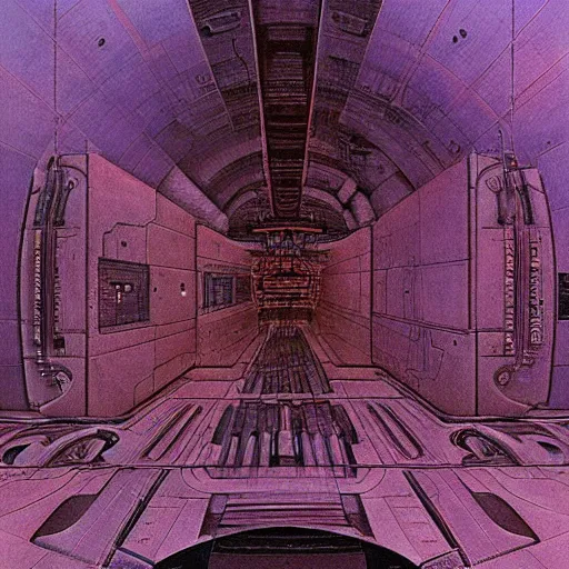 Image similar to painting of a syd mead scifi ancient civilzation interior engine room, purple sun, hr giger, beksinski