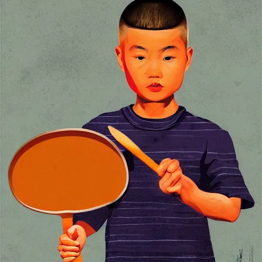 Image similar to dramatic portrait of chinese boy buzz cut, holding a spatula, digital painting