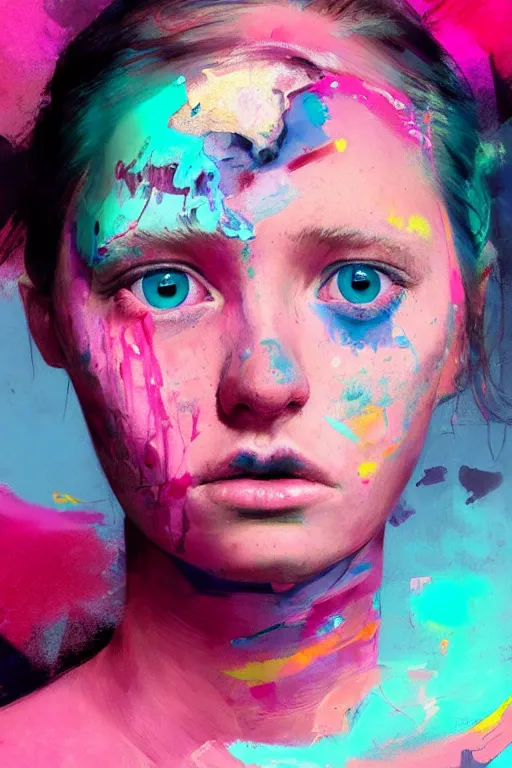 Image similar to portrait of a beautiful girl living in a postapoliptic forgotten world, she has seen war and has seen death, on her face you sadness and tears, in the colors hot pink and cyan, beautiful face, rule of thirds, complex outfit, spotlight, by greg rutkowski, by jeremy mann, by francoise nielly, by van gogh, digital painting