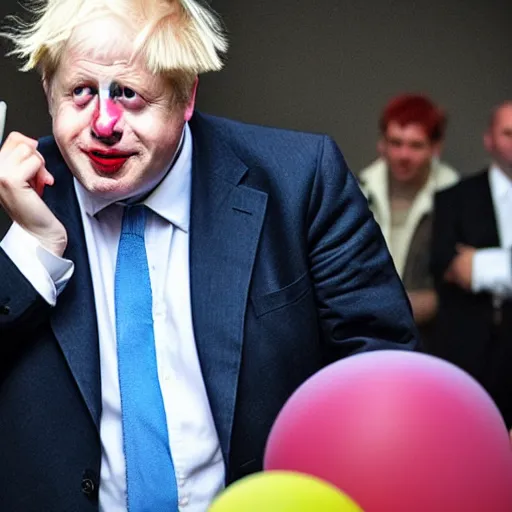 Prompt: boris johnson putting on clown makeup, colorful, clown, circus