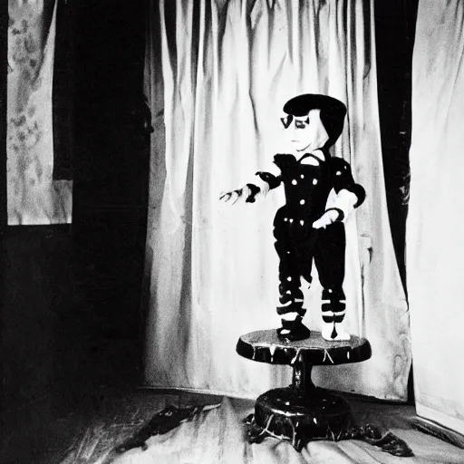 Image similar to ventriloquist doll holding a knife hiding behind a curtain, ventriloquist dummy, photo, hyperrealistic, creepy, dark, epic, cinematic, style of atget, style of cabinet of dr. caligari, detailed