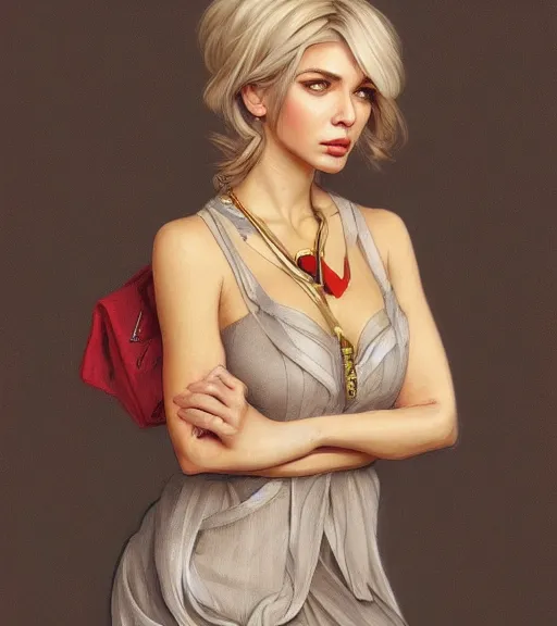 Image similar to corinna kopf wearing a golden dress, grey hair, red necktie, cinematic, stunning, highly detailed, digital painting, artstation, smooth, hard focus, full body shot, illustration, art by artgerm and greg rutkowski and alphonse mucha