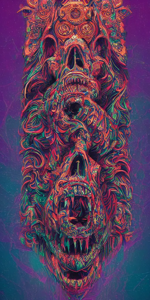 Prompt: A totem with an eagle an wolf a bear and a skull by beeple, coherent symmetrical intricate psychedelic ornate artwork, high detail, digital painting, hyper realism, octane render, 4k, trending on artstation