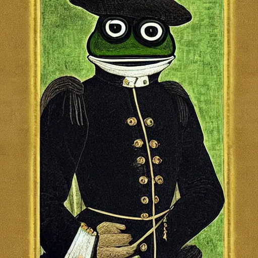 Image similar to pepe the frog as 1 9 th century prussian general, elegant portrait by sandro botticelli, detailed, symmetrical, intricate