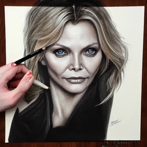 Prompt: amazing lifelike award winning pencil illustration of Michelle pfeiffer in scarface trending on art station artgerm Greg rutkowski cinematic