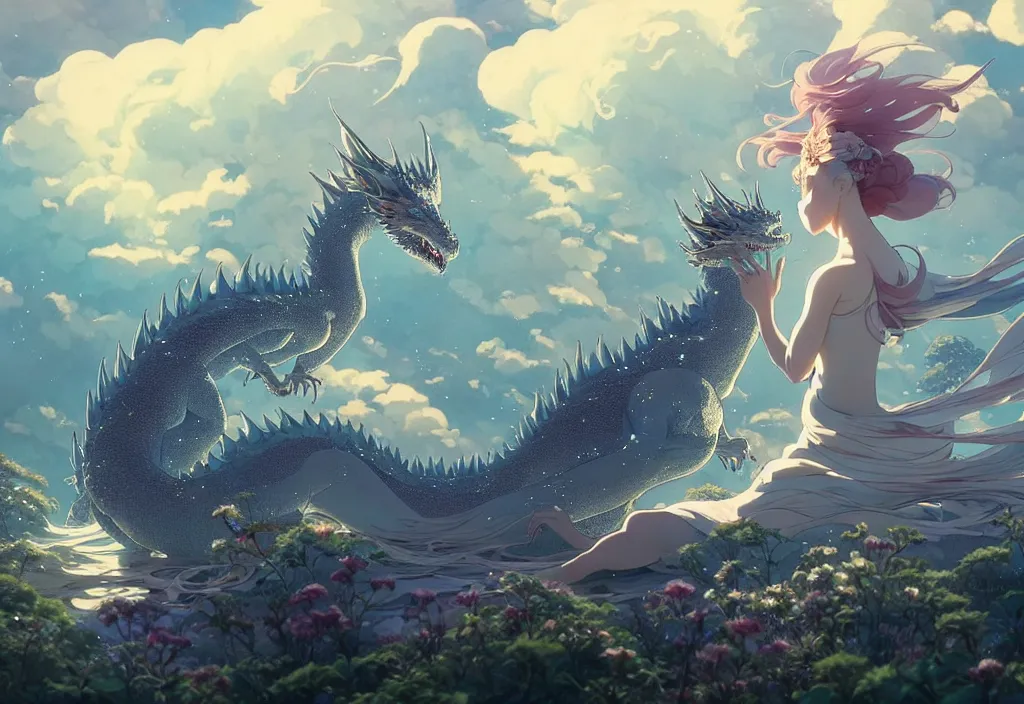 Image similar to the beautiful hyper detailed scene render that a lonely single beautiful girl lies in the arms of a huge silver dragon alone in the fairyland surrounded by white clouds, in the style of makoto shinkai victo ngai and peter mohrbacher studio ghibli artgerm karol bak beeple, cinematic, absolutely beautiful, ultra wide angle, animation style, 8 k hd