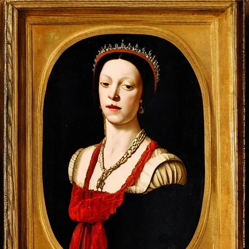 Prompt: renaissance style portrait of tylodina perversa wearing a crown and a cape, dark background