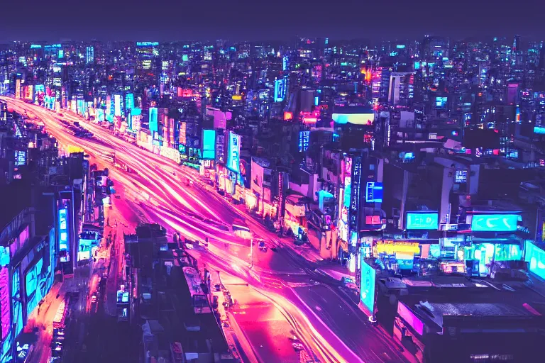 Prompt: aerial photo of neon tokyo street at night futuristic aesthetic matte painting, wallpaper, unsplash, colorful, style of aenami alena, neon blue color, vaporwave,