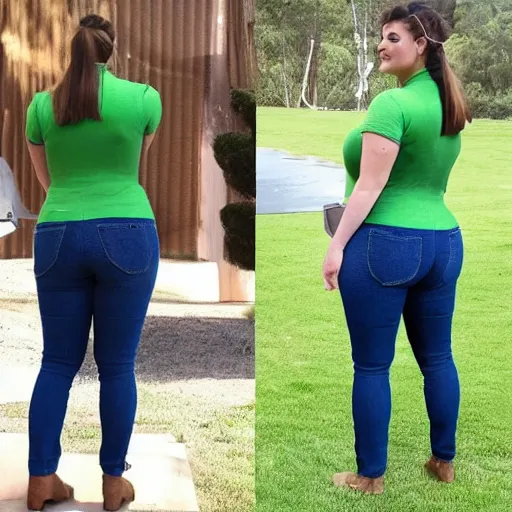 Image similar to back behind of thicc Princess Fiona wearing green jeans, and a green shirt