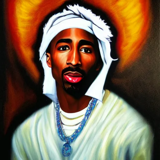 Image similar to tupac as an angel, painting