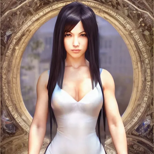 Image similar to tifa lockhart in a wedding dress, cg animation, riot entertainment, arcane, realistic, character select portrait, by artgerm, greg rutkowski, alphonse mucha, 3 d