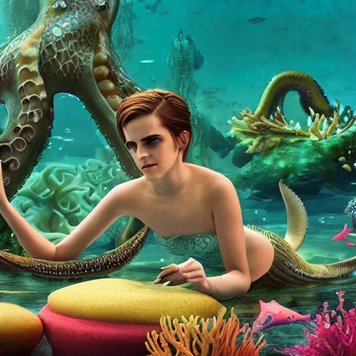 Prompt: emma watson mermaid swimming in an octopus'garden, under the sea, in the shade. trending on cgsociety, unreal engine, 4 k wallpaper