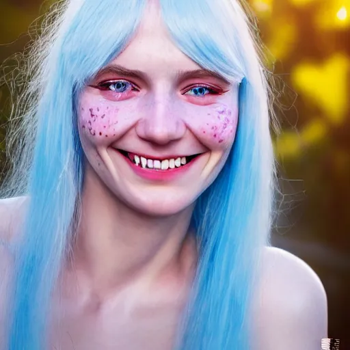 Image similar to beautiful hyperreal photo of a cute woman smiling softly, long white hair and bangs, a few cute freckles on cheeks and nose, blue eyes, very detailed face, by irakli nadar and juan francisco casas, golden hour, soft focus, 8 k, portra 4 0 0