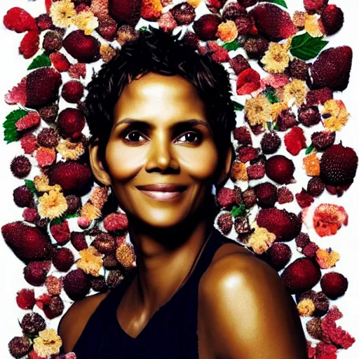 Image similar to a portrait of of halle berry constructed from berries, collage, drop shadow, organic, layered composition, layers, texture, mcu, petals, highly textured, layered, sculpted, dynamic,