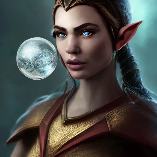 Prompt: a half elf dnd character portrait holding a glass sphere, highly detailed, octane rendering, inspiring digital painting, trending on artstation, high quality