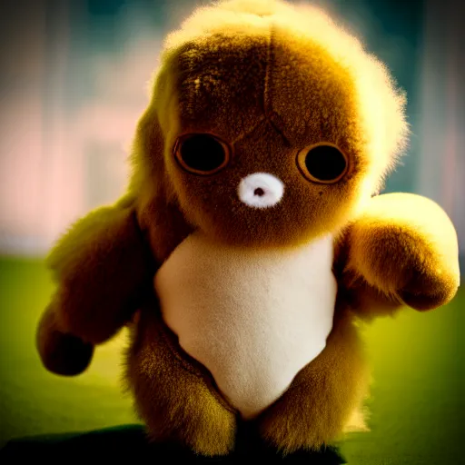 Image similar to lomography long shot of cute plush fluffy chthonic monster made to look like a baby, bokeh background, lsd colors