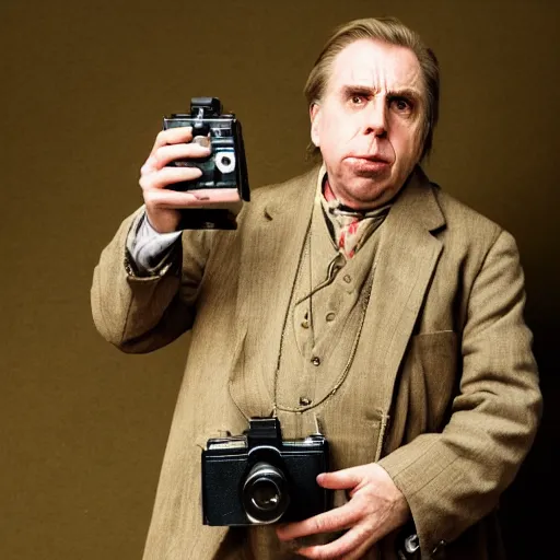 Prompt: Timothy Spall as Simon Graham (The Last Samurai) holding an old-fashioned camera from the 1800's, studio photograph