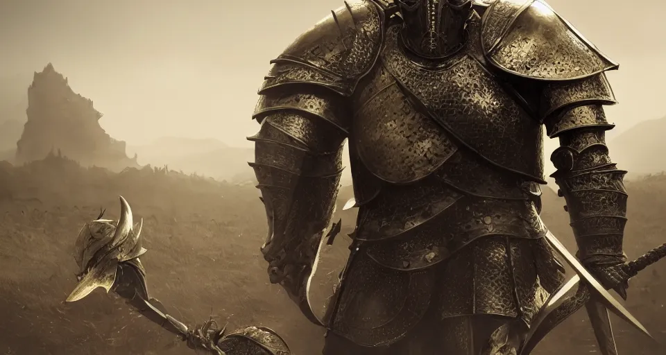 Image similar to render of a knight with a skull helmet, wearing a golden set of armor standing strong in the middle of a battlefield, hyper realistic, unreal, craig mullins, alex boyd, lord of the rings, game of thrones, dark souls, artstation, cinematic action shot, warhammer