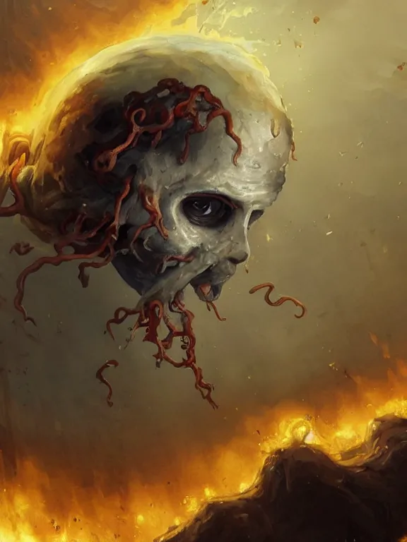 Image similar to painting by greg rutkowski of a flying sorrowful looking human head with tears running down it's eyes, face that is chalk white in color, with long sprawling white tentacles stemming down it's neck, fiery scorching red eyes, flying in a terrying hellish dark cavernous place, minecraft ghast