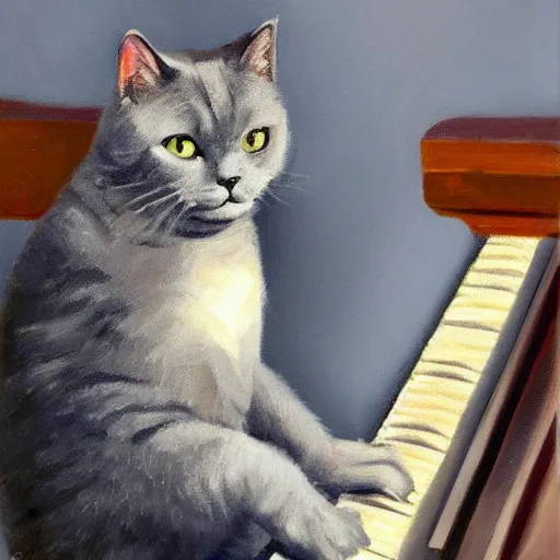 Prompt: impressionist oil painting palette knife, grey british shorthair cat playing the piano, detailed 4 k