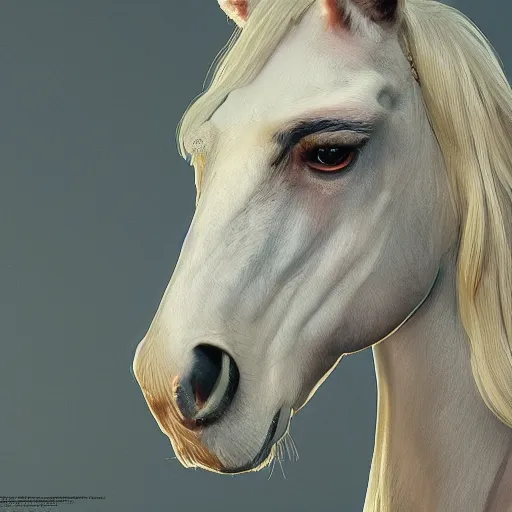 Image similar to emma stone as a horse, au naturel, hyper detailed, digital art, trending in artstation, cinematic lighting, studio quality, smooth render, unreal engine 5 rendered, octane rendered, art style by klimt and nixeu and ian sprigger and wlop and krenz cushart.