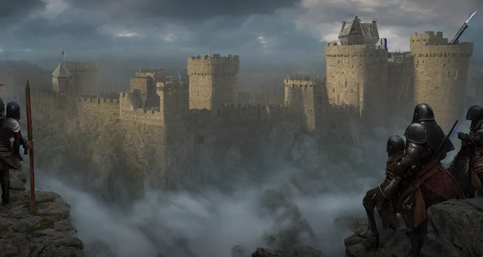 Image similar to three medieval soldiers atop a castle wall looking over a vast medieval kingdom rule by an evil king. it is a quiet morning. mist, epic, cinematic, volumetric lighting, fantasy style, highly - detailed, unreal 5, realism