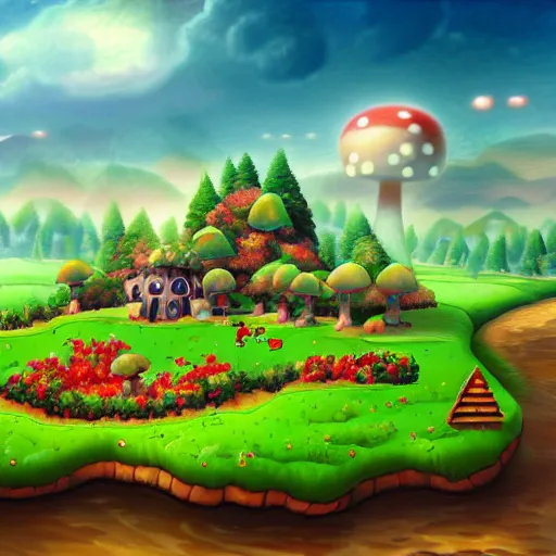 Image similar to the mushroom kingdom, photorealistic, landscape, cinematic, beautiful, colorful