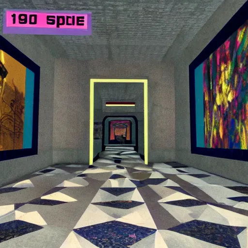 Prompt: the last virtual liminal space art museum in a 9 0's video game, made in 1 9 9 0, hd screenshot