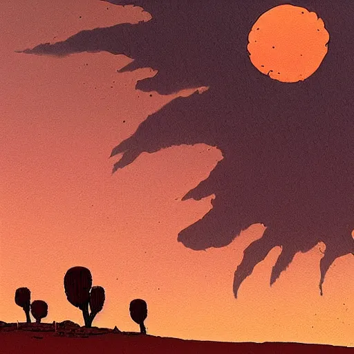 Image similar to sunset in the desert, fantasy art, illustration, animated film, by studio ghibli