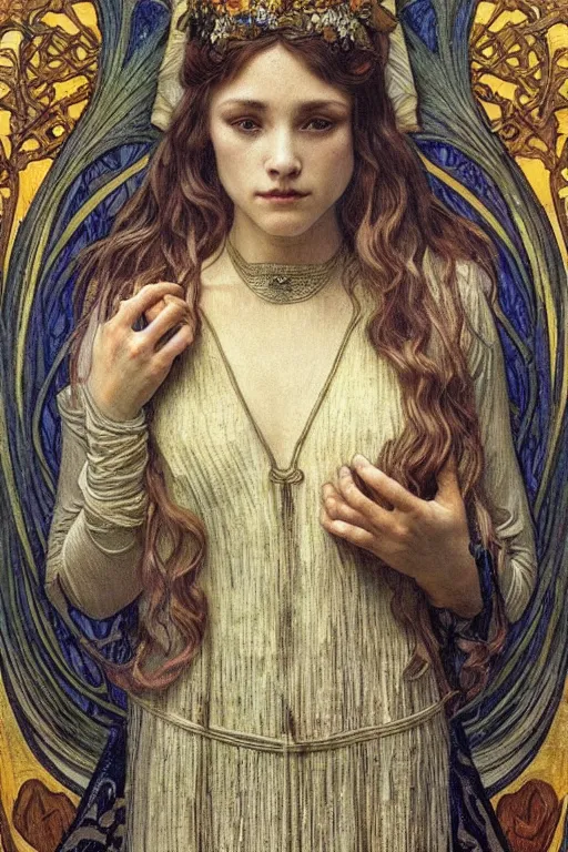 Image similar to detailed realistic beautiful young medieval queen face portrait by jean delville, alphonse mucha, vincent van gogh, and marco mazzoni, art nouveau, symbolist, visionary, gothic, pre - raphaelite