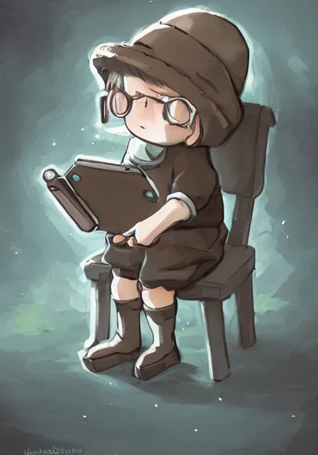 Image similar to beautiful little boy wearing sheep suit using a smartphone while sitting on chair, gray, blue, green and brown pallet color. made in abyss art style, inspired in kris from deltarrune, cute detailed artwork, anatomically correct, soft details, ilya kuvshinov, reflection, perfect composition, mobile wallpaper