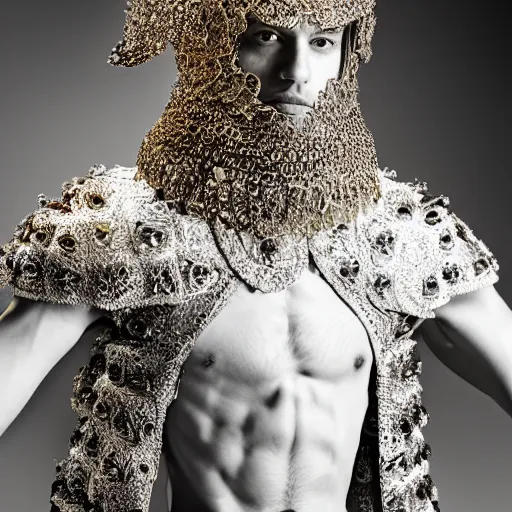 Prompt: a portrait of a beautiful young persian male wearing an alexander mcqueen armor made of quartz , photographed by andrew thomas huang, artistic