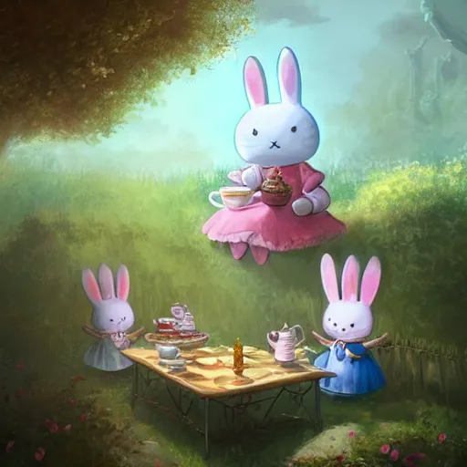 Image similar to Miffy the Miffers is having a Tea Party in the garden, summer, 8k resolution matte fantasy painting, cinematic lighting, DeviantArt, Artstation, Jason Felix Steve Argyle Tyler Jacobson Peter Mohrbacher