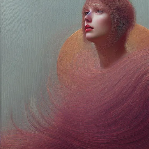 Image similar to Woman masterpiece, portrait, Taylor Swift, pink, golden halo behind her head, wires everywhere, by Edgar Maxence and Ross Tran, Zdzisław Beksiński, and Michael Whelan, distant, gustav dore, H.R. Giger, 8k, octane render