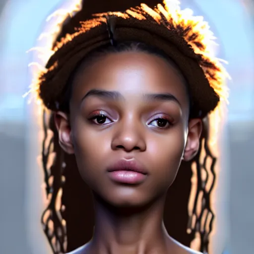 Image similar to a photorealistic hyperrealistic, bright brown eyes, light skinned african american young girl, ponytail hair, flawless face, beautiful lips, cute face, gorgeous white veil, by wlop, artgerm, greg rutwoski, alphonse mucha, beautiful dynamic dramatic low - light moody lighting, cinematic atmosphere, artstation, concept design art, octane render, 8 k