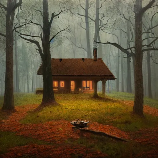 Image similar to shamans house in an autumn forest, green and brown tones, by Aron Wiesenfeld and beksincki, cinematic, detailed illustration, nature, fog, dark colors, suspense, intricate, 8k