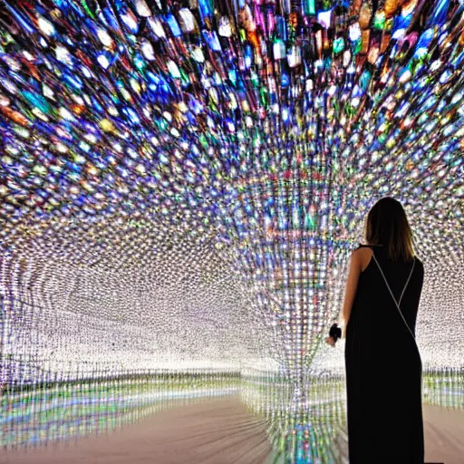 Image similar to a woman standing in front of a light sculpture, a hologram by bruce munro, featured on tumblr, interactive art, hall of mirrors, tesseract, futuristic