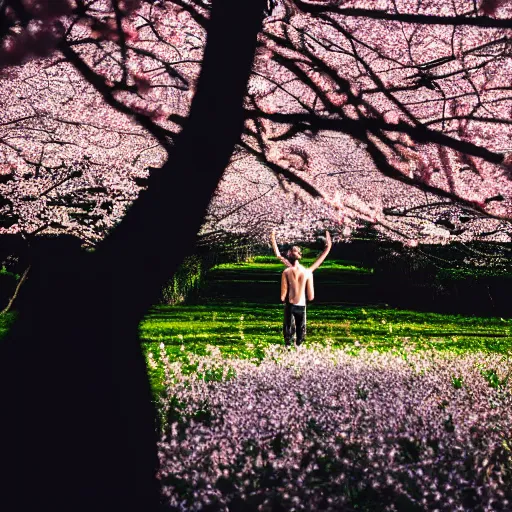 Image similar to kodak portra 4 0 0 photograph of a skinny blonde guy standing in field of cherry blossom trees, back view, flower crown, moody lighting, moody vibe, telephoto, 9 0 s vibe, blurry background, vaporwave colors, faded!,