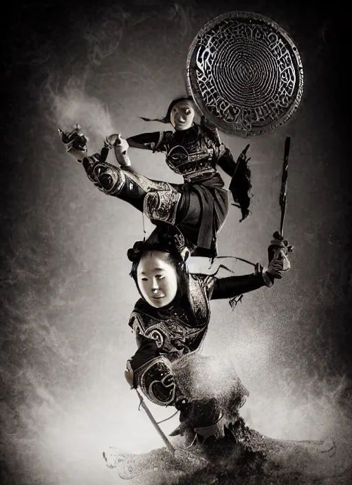 Image similar to old vintage photo of Chinese ancient warrior female team on the complex steam punk hooverboard, extreme sports photography , dynamic photography, high speed,dirt and grawel flying in the spot, lens flares, dust in the air, moody lighting, intricate, elegant, highly detailed, centered, smooth, sharp focus, sports photography, old photo, black and white, sepia, cinematic lighting, cinematic angle, national geographic